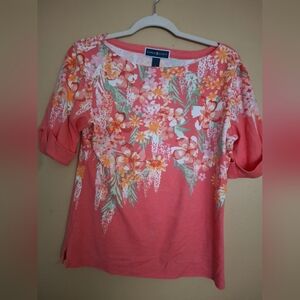 Karen Scott Coral-Pink Floral Scoopneck Tunic Sz Large